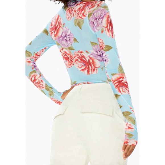NEW AFRM zadie power mesh turtleneck top in blue bouquet - Picture 2 of 3
